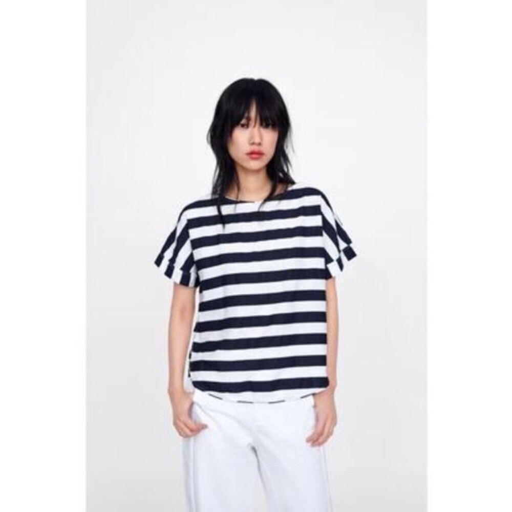 Zara Blue and White Striped Linen-Blend Top (NWT)